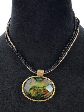 Multi-Strand Beaded Necklace With Oval Green & Gold Pendant
